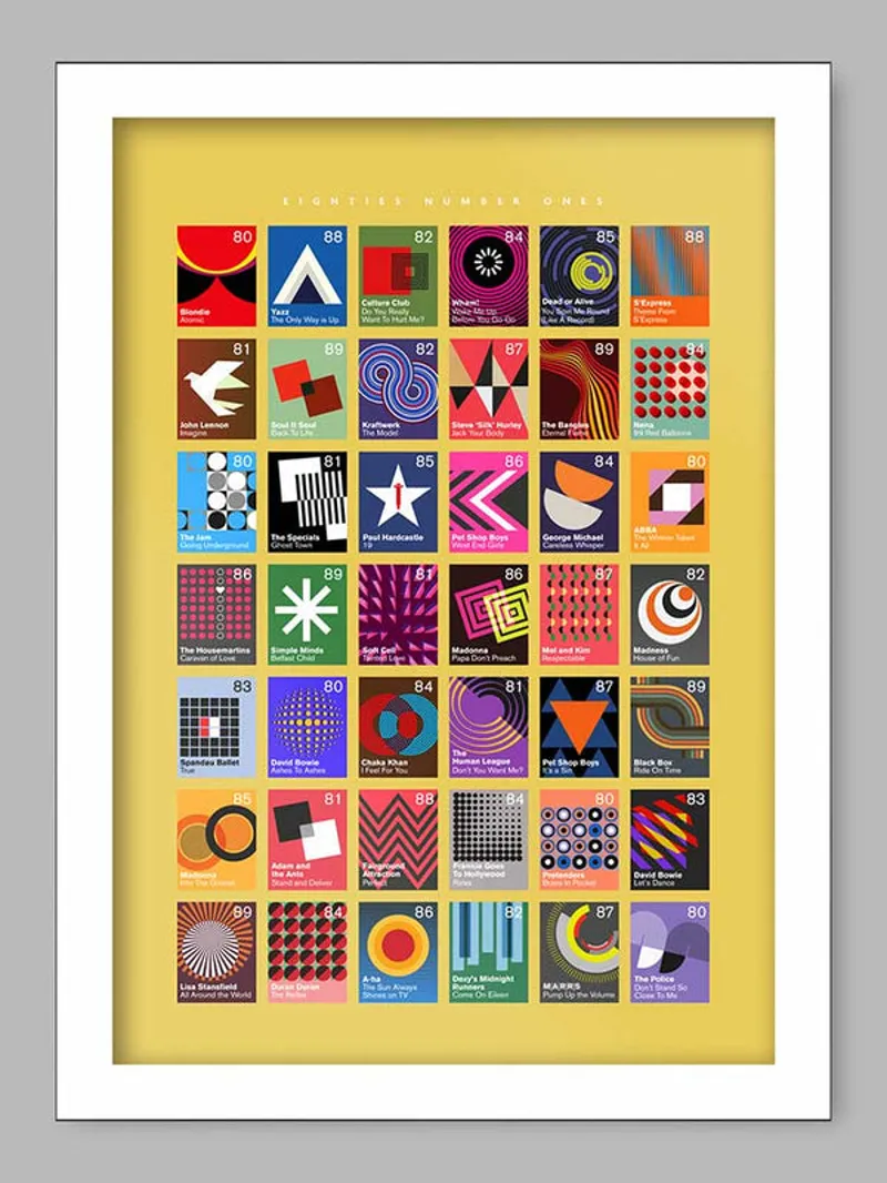 Number Ones of the Eighties - A3 Music Poster Print in an Oak Frame